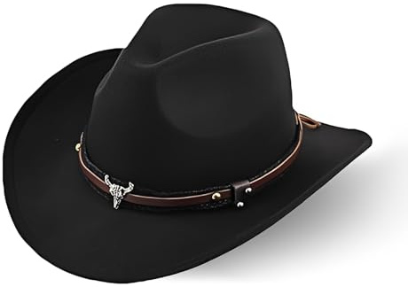 Aegistus Cappello da Cowboy Unisex, Cappello da Cowboy Western Classico in Feltro a Tesa Larga di Panama con Cinturino, Nero, Taglia Unica per Uomini e Donne