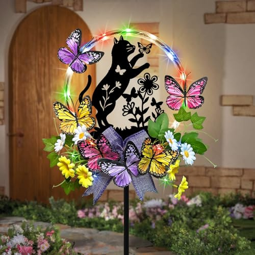 Katzen-Solarleuchten für den Außenbereich, Garten, Silhouette, Katze mit Schmetterlingen, wasserdicht, Gartenstecker für Hof, Rasen, tolles Geschenk für Frauen