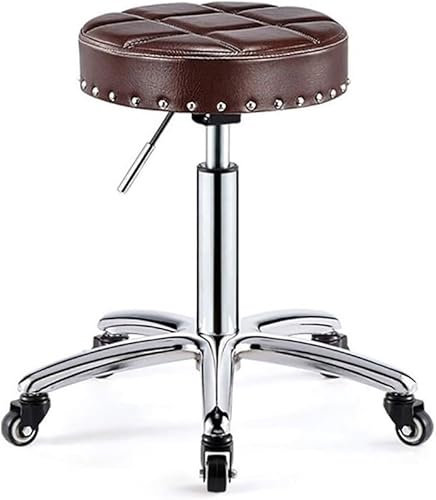 Rollhocker für Schönheitssalons, Salonhocker aus Retro-Leder, robuster Werkbankrahmen aus Edelstahl mit Rädern, medizinisch Verstellbarer Drehhocker (braun)