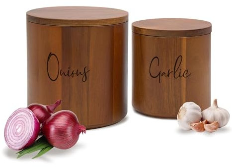 HOMEWOOD Contenitori per Cipolle & Aglio Set da 2 – Contenitori impilabili in legno di acacia per ortaggi – Vasi per cipolle & vasi per aglio per la cucina - Versione Inglese