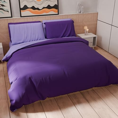 PETTI Artigiani Italiani - Set Housse de Couette 200x200 cm (1 Taie d'oreiller 50x80 cm Incluse), Parure de Lit Microfibre 1/2 Personnes Douce Lilas Violet
