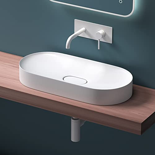 Mai & Mai Lavabo sobre Encimera Lavabo Baño | Ovalado | Blanco Mate | Mármol Fundido | 70x36x10cm | sin Orificio para Grifo sin Rebosadero | Colossum826