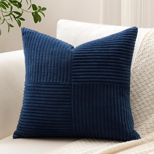 Sungeek 1 Pezzi Federe Cuscini 50x50 in Morbido Velluto a Coste, Fodere per Cuscini Decorativi con Motivo a Strisce e Patchwork Croce Copricuscini Cuscino per Divano Letto Soggiorno, Blu Navy