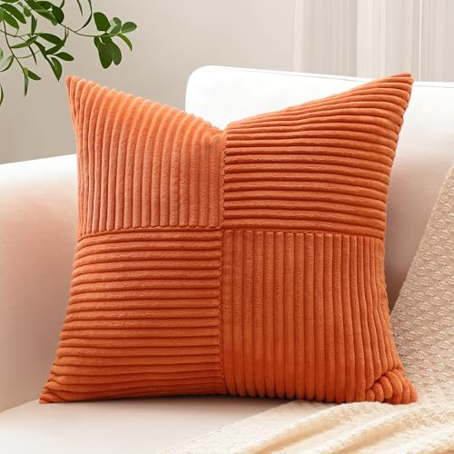 Sungeek Lot de 1 Housse de Coussin 40x40 cm en Velours Côtelé, Housse Coussins Patchwork à Rayures Croisées Doux Taies d'oreiller Décoratives pour Lit Canapé Chambre Salon, Rouille