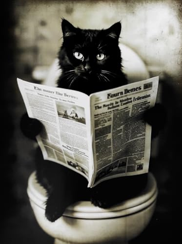 KUSTOM ART Dekoratives Wandposter Serie Tiere Einrichtung Toilette Katze mit Zeitung auf Wasser Kunstdruck auf beschichtetem Papier 40x30 cm ohne Rahmen