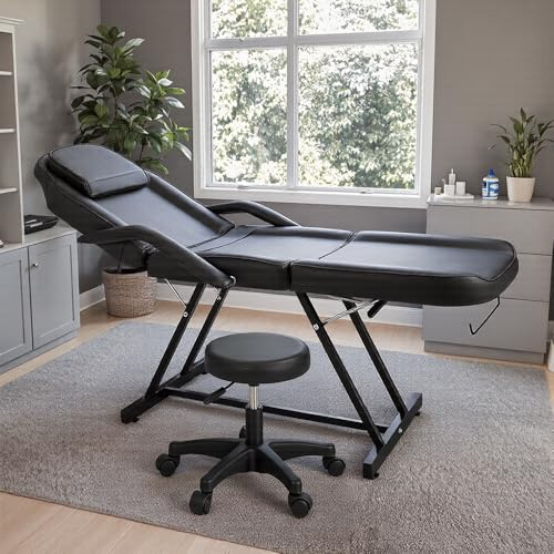 DARDVORLAG Kosmetikliege Massageliege klappbar höhenverstellbar 3 Zone mit kosmetikhocker (Schwarz, 182cmX82cmX74cm)
