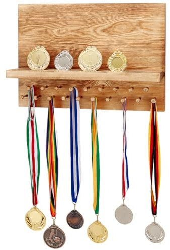 PH PandaHall Medaillenaufhänger Display Trophäenregal Holz Wandmontage Medaillen Display Medal Awards Rack Ribbon Holder mit 19 Holzhaken für Athleten, Sportfans, Plaketten, Gymnastik, 40x28cm