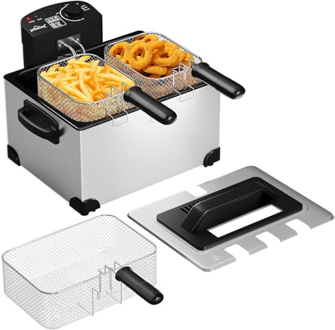 Friteuse, 5 Liter Friteuse mit Fett Kaltzone, 2000Wöl Fritteuse, Temperaturregler, Stufenloser Temperaturregler Bis 190°C, Edelstah XLFritteuse mit 3 Frittierkorb, Deep Fryer Für Familien 6-7 Personen