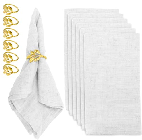 Umllpet Linneservetter, tygservetter, bomullsservetter och servettringar set, för familjefest, halloween, jul (vit, 40 x 40 cm, set med 6 servettringar)
