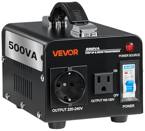 VEVOR Transformateur 220 V à 110 V et 110 V à 220 V, Transformateur de Tension Élévateur Abaisseur, 500 VA, avec Prise Américaine, Prise Européenne, Cordon d'Alimentation, Protection par Disjoncteur