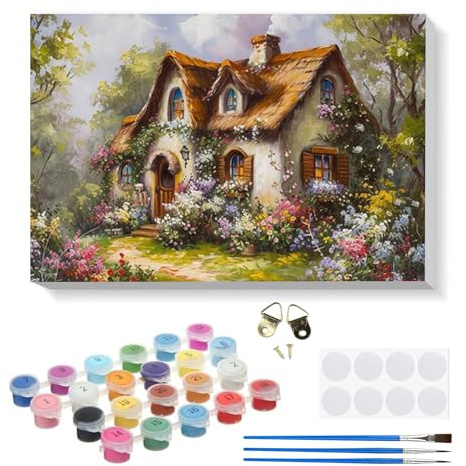 RICUVED Casa Pintar por Numeros Adultos Mujer con Marco, Paisaje DIY Cuadros para Pintar por Numeros con Caballete de Madera, Pintura Acrilica Manualidades Adultos Decoracion 20x30cm