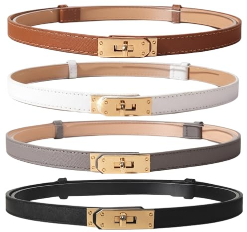 WangVipfei 4 Damen-Gürtel, Schmaler Gürtel Damen, Old Money Style Damen, Gürtel Gold Damen, Schwarz, Weiß, Beige, Hellbraun, Für Jeans, Kleider, Geschenk Für Frauen
