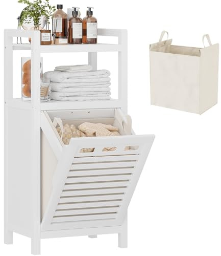 Homykic Tilt Out Laundry Hamper, 10 Gal Bamboo Laundry Storage Cabinet with Removable Basket, Hidden Hamper Organizer with Shelf for Dirty Clothes, Bathroom, Laundry Room, Space Saving, White