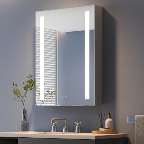 Dripex Bathroom Mirror Cabinet with LED Lights, 500 * 700mm Illuminated LED Bathroom Mirror Cabinet with Shaver Socket Dimmable Switch 3 Colors and Demister Pad-Grey