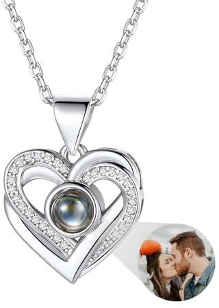 Custom4U Personalisierte Halskette für Damen, Gold/Silber Projektions Halskette mit Herz Anhänger und Foto innen, Messing 40+5 cm Kette Schmuck Geschenk für Mutter Tochter Frau an Geburtstag Jubiläum