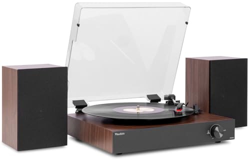 Audizio RP325W - Platine Vinyle Rétro Noyer Noir avec Enceintes Intégrées (60W), BT sans Fil Bidirectionnel, 33/45/78 Tours, Capot Amovible, Lecteur Vinyle Tout-en-Un