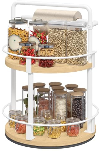 MAHANCRIS Gewürzregal, 2-stufiger Drehbarer Organizer Küchenregal, 30 x 30 x 43,2 cm, Kreisdrehbares Gewürzregal Stehend, Gewürzständer für Küche und Esszimmer, Weiß ASPBN17801