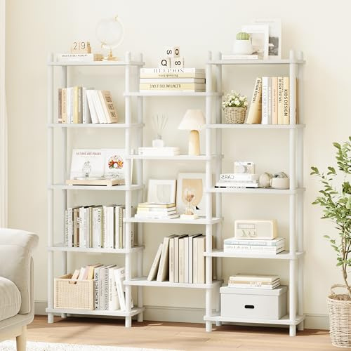 IOTXY Wooden Triple Wide Bookshelf - 5-Tier Large Shelf Bookcase with Solid Beech Frame, Tall Freestanding Open Etagere Display Rack for Home Office, White