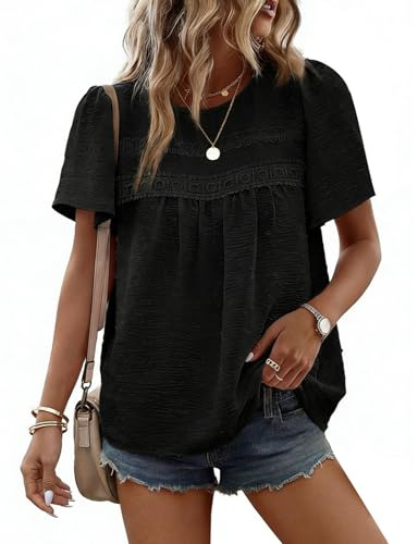 CMTOP Chemisier Femme Ete Blouse Manches Courtes Col Rond Tunique Chic et Elegant Haut Bohème Dentelle Fluide Tops Lâche Décontracté Blouse