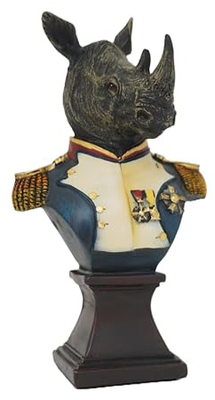 Rhino Bust Statue in Military Uniform – Handcrafted Resin Animal Sculpture – Elegant Desk & Shelf Home Decor