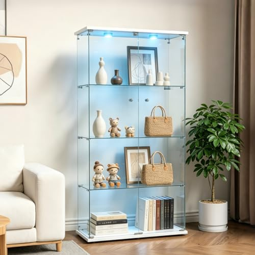 BPKADHY Glasvitrine Standvitrine Glas,Vitrine Glas mit Led Beleuchtung Vitrinenschrank mit Glas und 2 Türen 4 Etagen Sammlervitrine für Sammlerstücke, Bücher, Modelle, Spielzeug (Weiß+LED)
