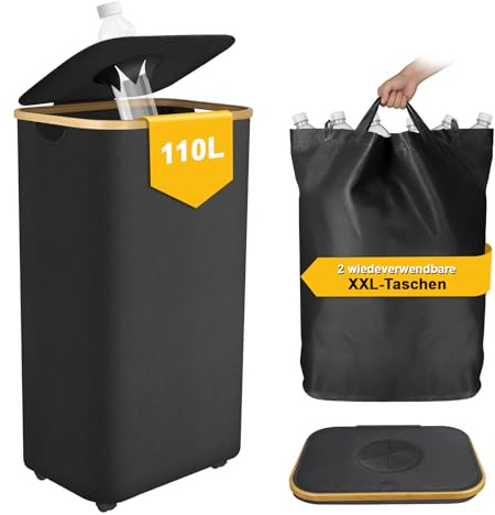Sampoes Collecteur de Bouteilles 110L, Poubelle de Recyclage avec Couvercle et 2 Sacs, Poubelle Tri Selectif pour Plastique Bouteilles Verre, Pliable Poubelle Cuisine Rangement, Noir
