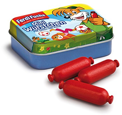 Erzi 15170 Ferdi Fuchs Miniwürstchen aus Holz in der Dose, Kaufladenartikel für Kinder, Rollenspiele
