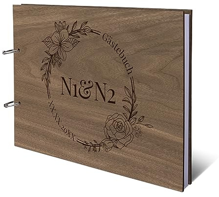 Hochzeit Gästebuch Nussbaum Holz Gravur individuell Holzcover mit 72 Blatt | 144 Naturpapier Innenseiten DIN A4 quer 305 x 215 mm - Blumen Initialen