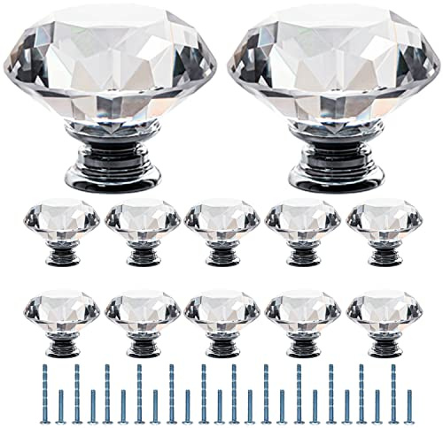 FURNIWARE Clear Crystal Door Knobs, 12 Pcs 40mm Crystal Glass Door Drawer Knobs Diamond Cut Drawer Handles with 3 Sizes Screws for Cupboard Cabinet Wardrobe Home Decorating