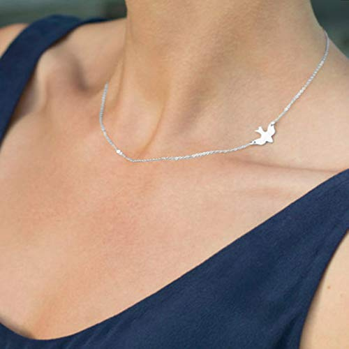 TseenYi Collier ras du cou Sidesway en forme de colombe avec petit oiseau en argent - Collier mignon pour femmes et filles (argent)