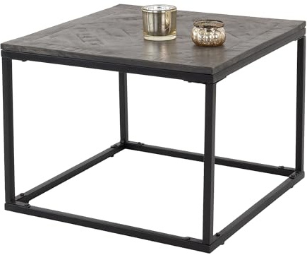 WOMO-DESIGN Beistelltisch 60 x 60 cm, Quadratisch, Grau, Unikat, handgefertigt aus Massivholz, Mangoholz, Parkettoptik, Metallgestell Schwarz, Design Wohnzimmertisch Couchtisch Sofatisch Holztisch