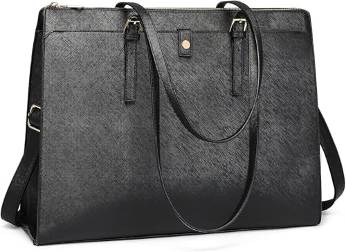 Bolsa de cuero para laptop de 15.6 pulgadas para mujer, maletín impermeable de gran capacidad, elegante bolsa de negocios para el trabajo, color negro