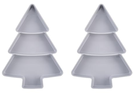 Angoily 2Pcs Christmas Tree Shaped Snack Tray, Serving Tray for Food, Plates Chip& Dip Set, 3 Compartment Plastic Serving Dishe Food Storage Server for Xmas Holiday Party Supplies (Grey)