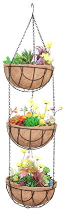 INIFLM Three-tier Metal Hanging Planter Basket with Coco Coir Liner, 2 Pack Round Wire Hanging Plant Holder Containers with Chain for Balcony Porch Garden