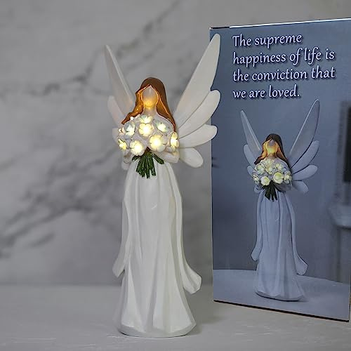 Starryfill 11.8(H) Angel Figurine with Switch Remote Controller, Hand-Painted Angel Statue Hold 10 LED Warm White Lights Blue Flower for Mother Women Memory Gifts Home Decor