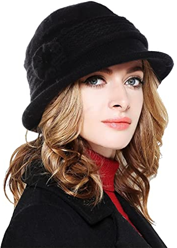 CheChury Damen Wollmütze Winter Warme Strickmütze Beaniemütze Retro Fedorahüte Glockehut Kaschmir Bowler Hut Mit Schirm Melone Hut, Schwarz