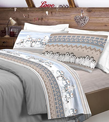 HomeLife Parure Drap 2 Personnes Made in Italy | Linge de Lit Flanelle avec Drap Plat, Drap Housse 180x200 avec Coins, 2 Taies d'Oreiller | Fantaisie d'Hiver - Beige