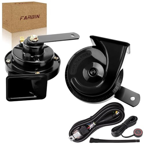 FARBIN Auto Horn für LKW Motorrad - High/Low Tone Super Loud 12v Wasserdichte Elektrische Horn (Schwarz Mit Kabelbaum und Knopf)