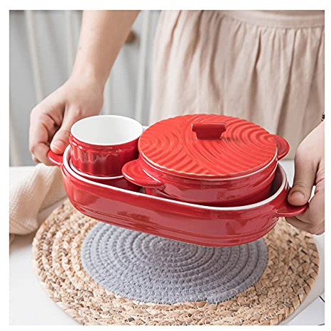 SERUMY Lasagnera da Forno Piatti da 5 Pezzi, Set di bakeware di glassa in Ceramica, padelle di Cottura Antiaderente, Piatti for la torrefazione for Cucinare, Cake Cena, Cucina, Rosso Lasagnere