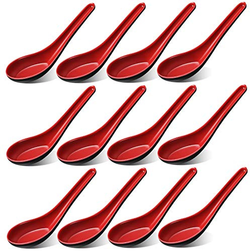 Eowppue Suppenlöffel 12 Stück Chinesische Suppenlöffel Löffel Set Porzellan Ramen Löffel Für Zuhause Restaurants Büros Buffets Kantinen Hotels Usw（rot & Schwarz）