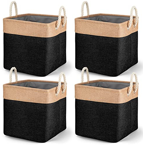 4 Stück Große Aufbewahrungskörbe, Faltbare Stoff-Aufbewahrungsboxen Organizer mit Griffen für Kleidung, Spielzeug, Würfel-Aufbewahrungskörbe für Schränke, Regale, Schrank (13 Zoll Schwarz)