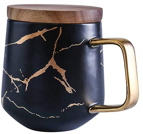 LIBFITH Kaffeebecher, Teetasse, Keramik Tasse, Gold Design mit hölzerner Untertasse (Schwarz mit Deckel)