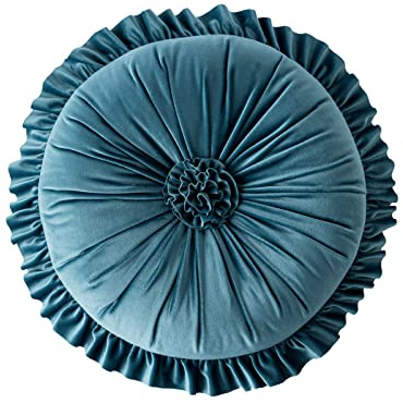 BFYDOAA Rundes Dekokissen mit Rüschen, 35 cm, Samt-Plissee-Kissen, Kissen aus PP-Baumwolle, für Boden, Couch, Bett, Auto, Heimdekoration(Blau)