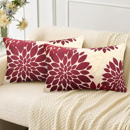 Lot de 2 Housse de Coussin en Lin Taie d'oreiller 30x50 Moderne Housses de Coussin Fermeture Zip Cachée, Boheme Rouge et Blanc Abstrait Fleur de Dahlia Taie d'oreiller pour Canapé Chambre Salon