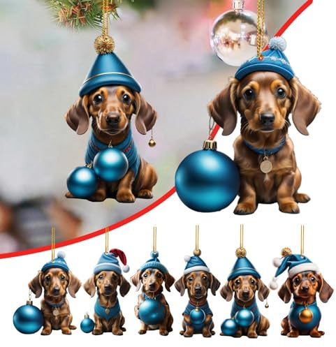 7 Stück Dackel Weihnachtsbaumschmuck Cute Acryl Tannenbaumschmuck WeihnachtsanhäNger Hund Flat Decorations Auto Ornament Geschenke, Niedlicher Acryl Anhänger Weihnachts Deko (Sky Blue 6pcs, One Size)