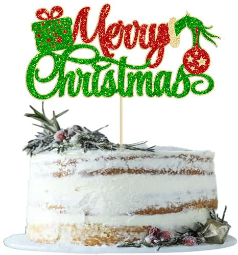 1 Pack Merry Christmas Cake Topper Glitter Christmas Gifts Cake Pick Decorations for Merry Christmas Theme Happy New Year Holiday Birthday Party Cake Decorations Supplies
