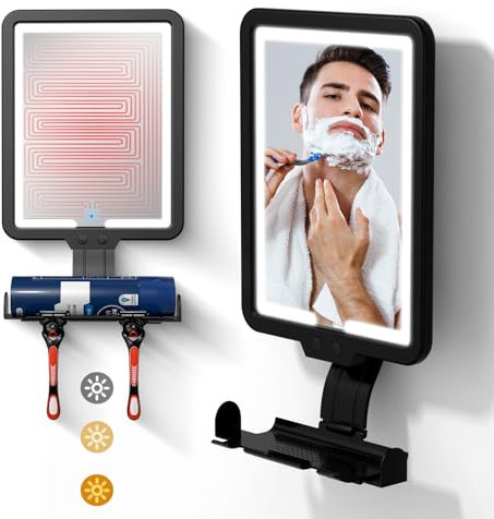 Jadazror Heated Shower Mirror Fogless for Shaving with 3 Color Lights Adjustable Brightness, 9.5 * 7inch Rechargeable Anti-Fog Mirror with Razor Holder, Wall-Mounted Bathroom Accessories
