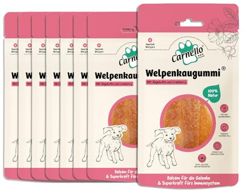 Carnello Welpenkaugummi – Welpen Leckerlies, Kauknochen Hund Welpe, Kauartikel Hund, Hundeleckerli getreidefrei – Wiederverschließbare Beutel (8 x 60g)