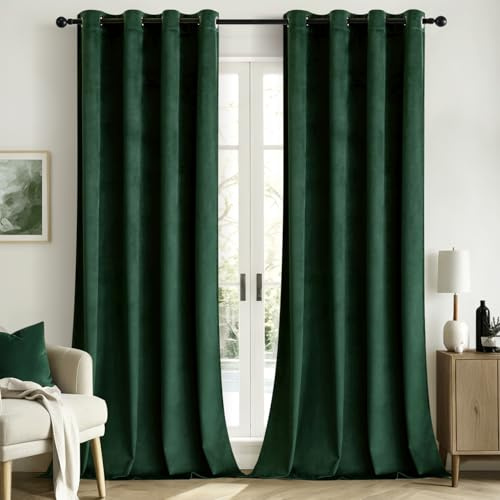 Woaboy Verdunkelungsvorhang Samt Gardinen mit Ösen 140x245 cm Tannengrün | Vorhänge Samtvorhänge Blickdicht für Wohnzimmer Blackout Curtains Thermovorhang Schalldämmend Schlafzimmer 2er Set