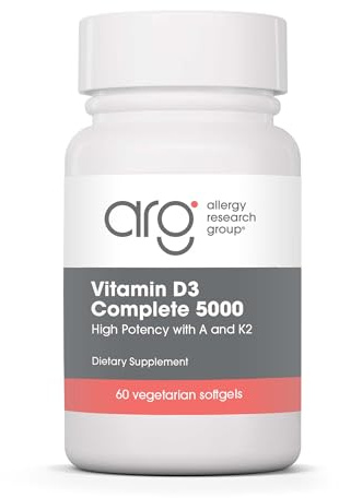 Allergy Research Group Vitamin D3 Complete 5000 - Delivers 125 mcg Vitamin D3 - with Vitamin A & K2 - Supports Bone Strength, Immune Balance & Healthy Mindset - 60 Servings - 60 Capsules
